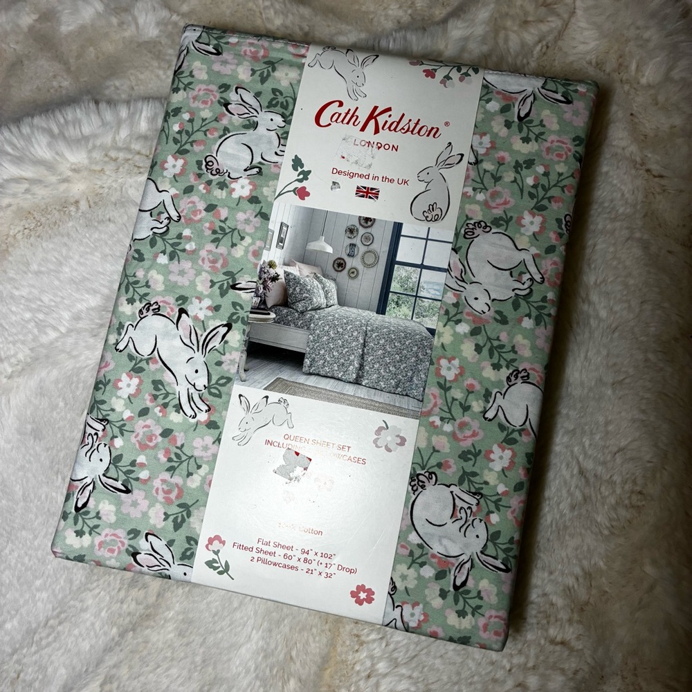 Cath Kidston Jumping Bunnies green Queen 4 piece Sheet Set bunny rabbit cotton - Picture 2 of 6